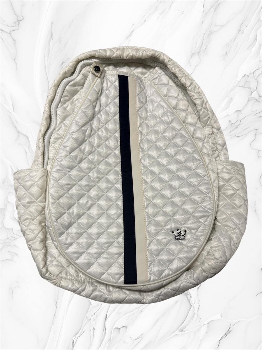 Oliver Thomas 24 + 7 White Quilted tennis Backpack with Navy and Cream Stripes